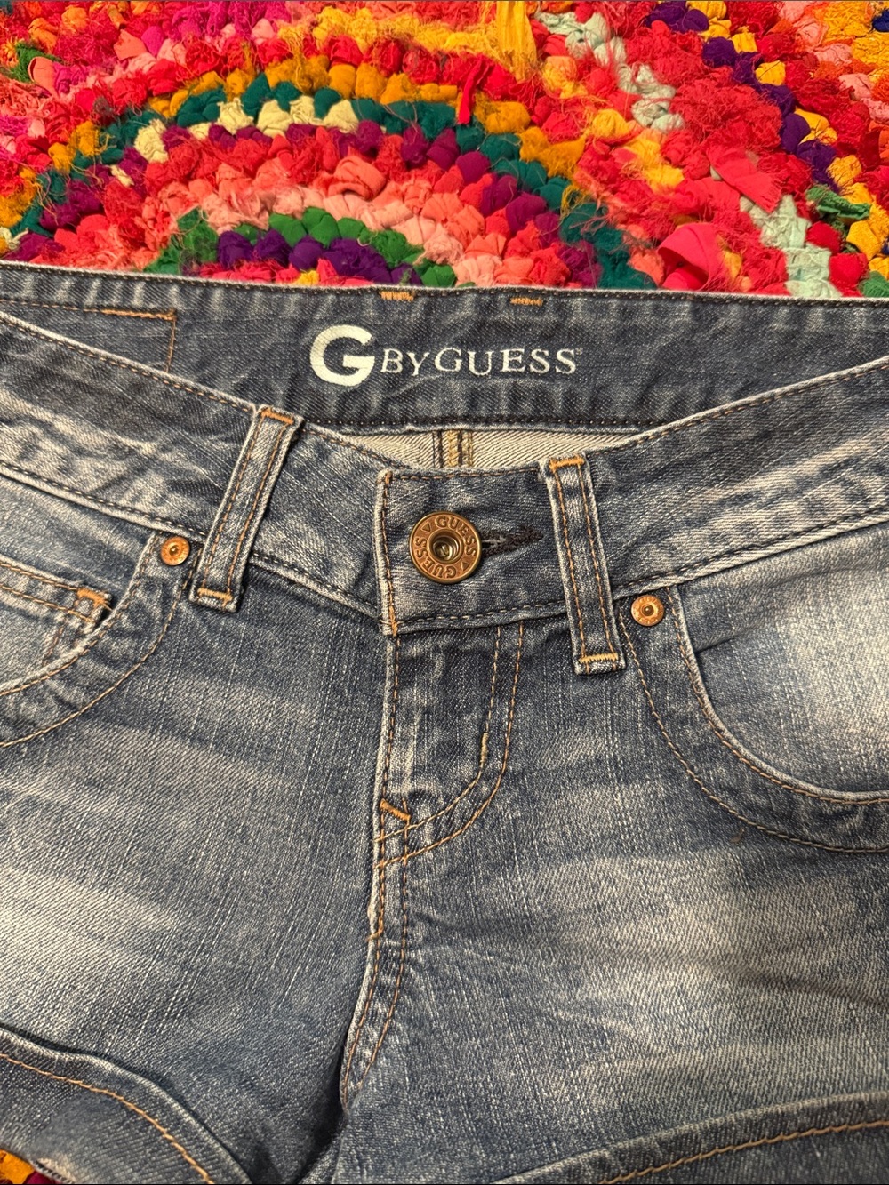 G by Guess Distressed Blue Denim Cuffed Jean Shorts - Picture 3 of 4